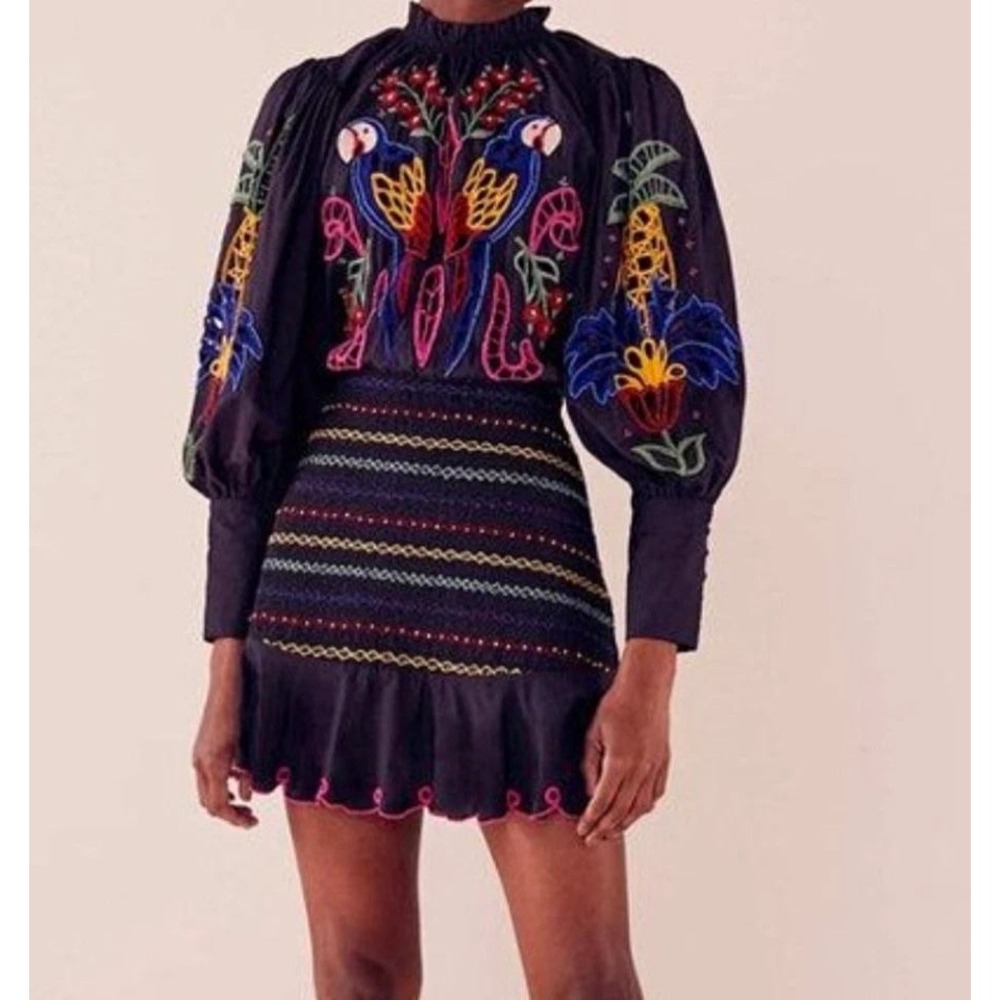 Farm Rio Womens Cotton Parrot Embroidered Mini Dress S Black Tropical Smocked